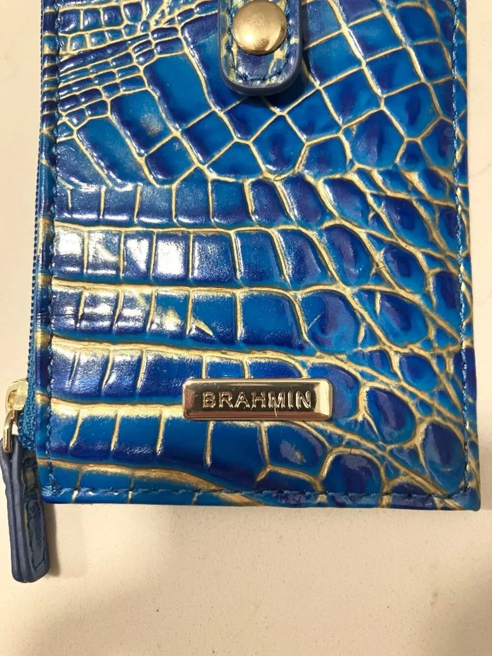 Brahmin Credit Card Wallet Blue Gold Croc Embossed Melbourne Leather Slim ID